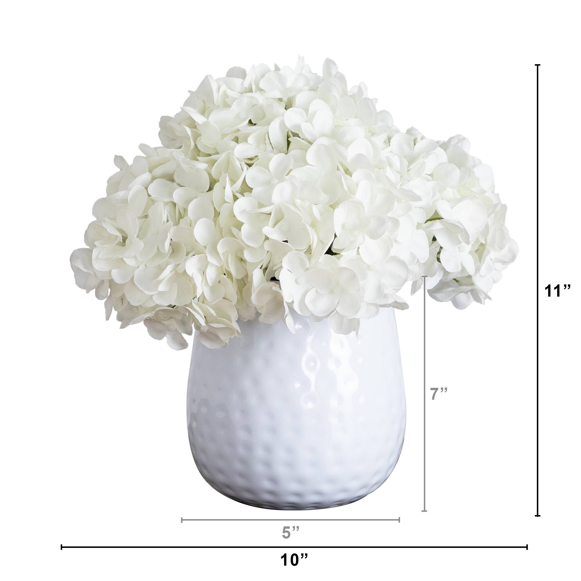 11" White Hydrangea Arrangement in White Metal Vase